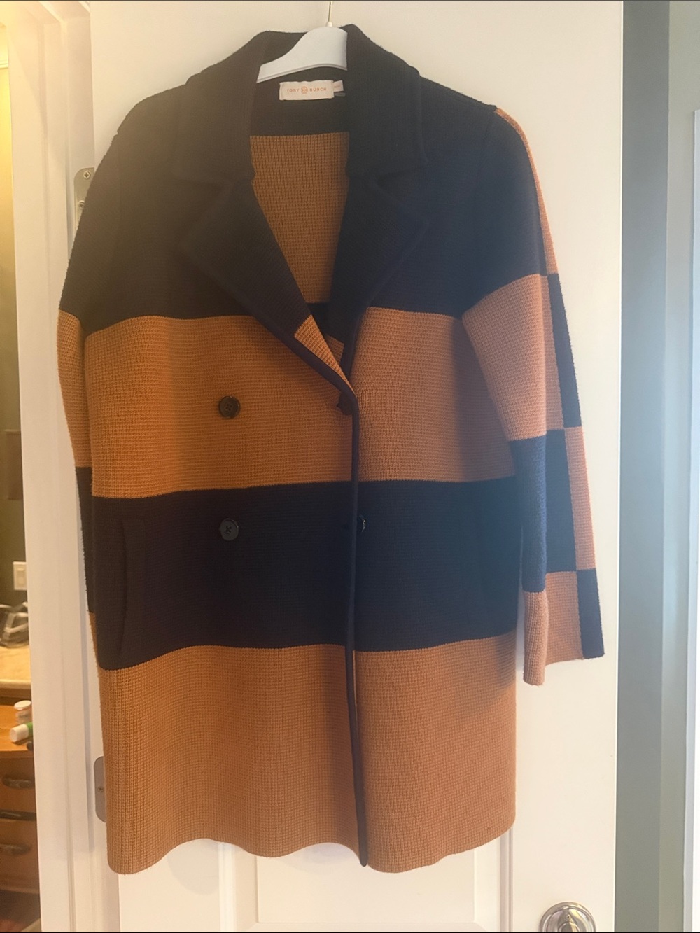 Tory Burch Navy and Camel Wide-Stripe Double-Breasted Peacoat
